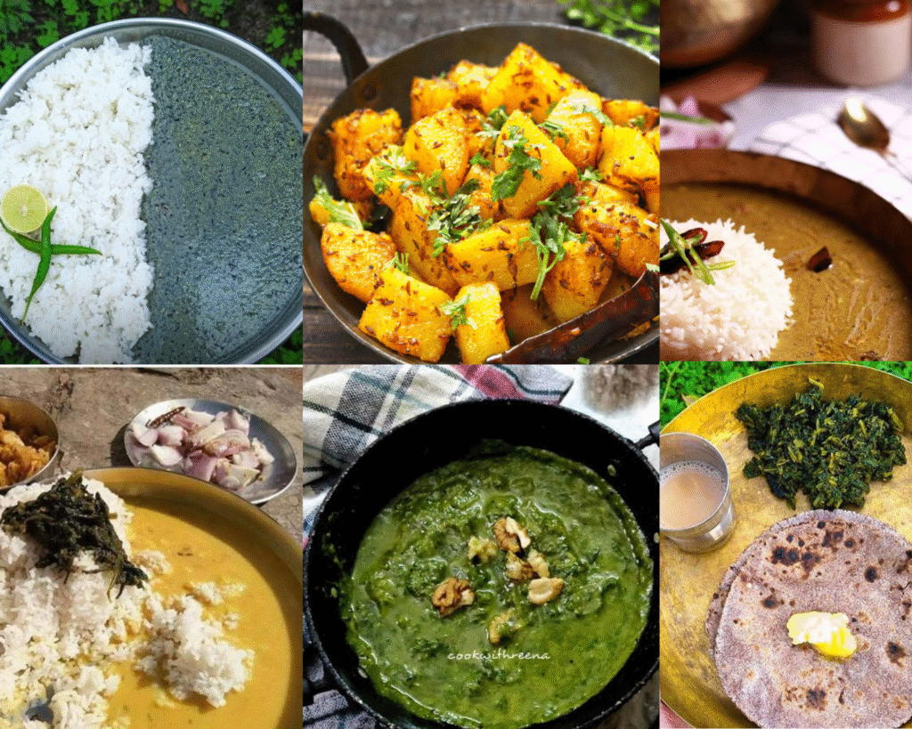 some food from uttrakhand kafuli , jhoi bhat , chainsoo , bhaat ki chudkani ,aloo k gutke