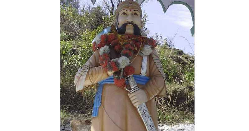“Veer Madho Singh Bhandari painting – legendary Garhwali warrior standing with sword, Uttarakhand mountains in background, heroic portrait.