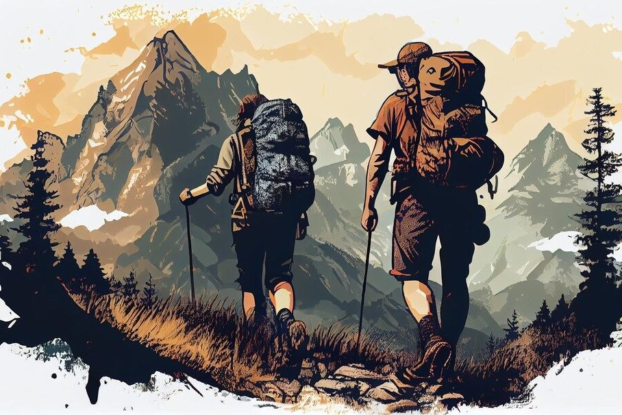 Couple of hikers with backpack generate Ai